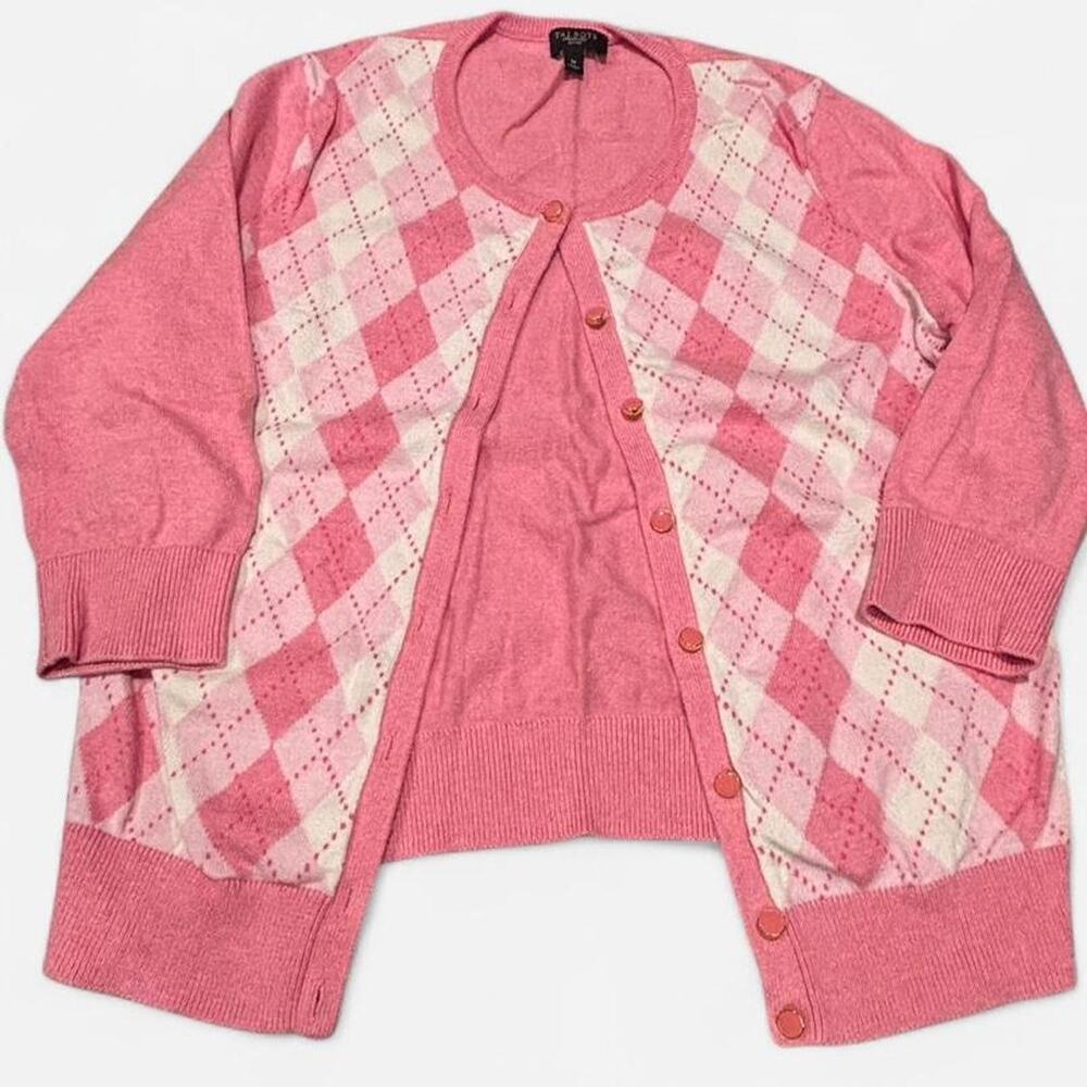 Talbots Petites Pink & White Argyle Button-Front Cardigan Sweater - Size MP